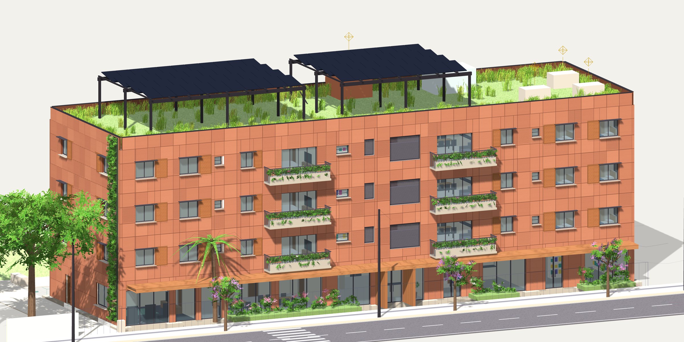 Prévia do modelo BIM do prédio demonstrativo, com fachada de terracota, brises de madeira e cobertura verde